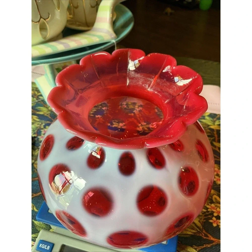 Vintage FENTON MCM Cranberry Opalescent Coin‎ Dot Art Glass Vase 6.5